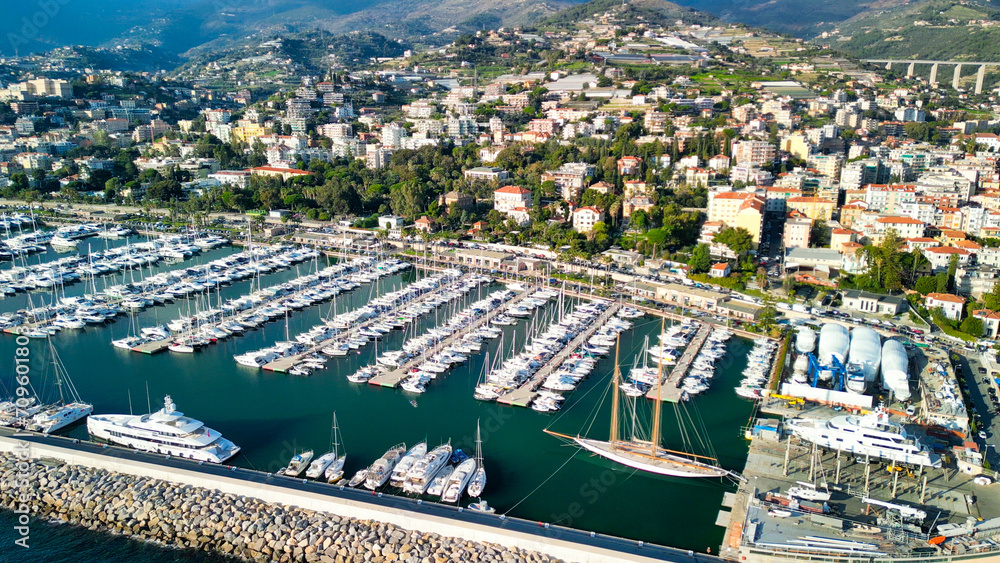 Sanremo, Italy. Aerial view of city port and skyline