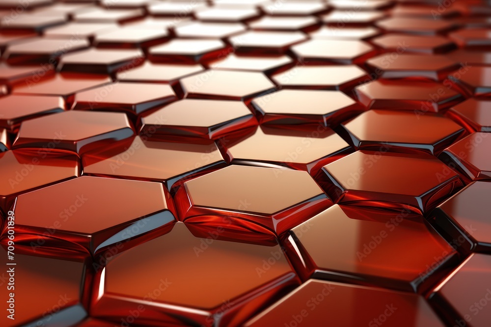 a close up of a pattern of red hexagonal tiles on a black surface with a red light shining on the top of the hexagonal tiles. a close up of a pattern of red hexagonal tiles on a black surface with a red light shining on the top of the hexagonal tiles.