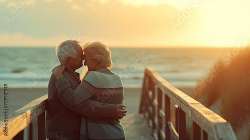 Sharing a romantic moment at the beach. Rearview of a happy senior couple touching their foreheads together on a seaside bridge. photo