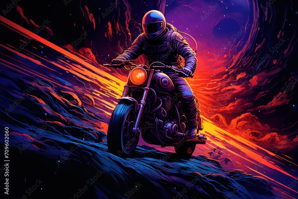  a man riding on the back of a motorcycle on top of a rocky hill under a purple and red sky.