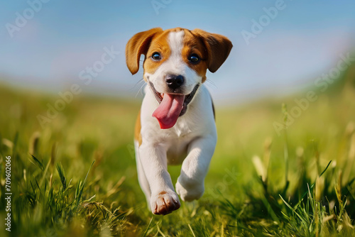 A cheerful puppy running joyfully through a grassy field on a sunny day.