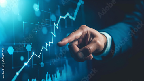 businessman or investor or manager pointing finger to growth financial plan diagram graph, using data for analysis business, metaverse technology photo