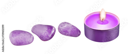 Amethyst and candle isolated on white background
