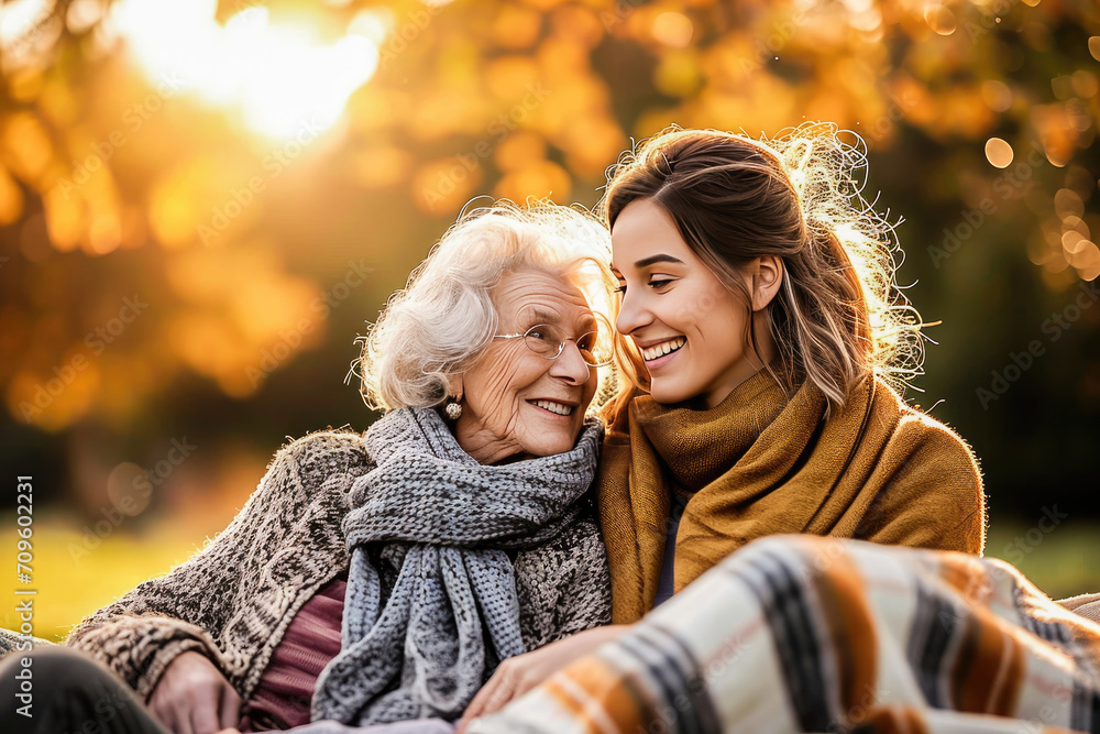 Fototapeta premium A heartwarming portrait of a grandmother and granddaughter sharing a loving moment together in an autumn park at sunset.