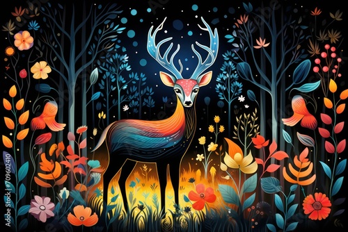  a painting of a deer standing in the middle of a forest filled with flowers and plants, surrounded by trees and flowers.