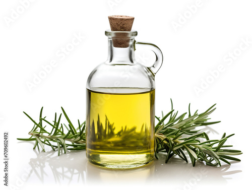 Olive oil in a bottle with rosemary leaves on white background. Banner.