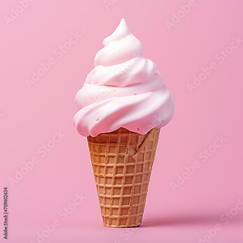 Ice cream in waffle cup cone on pink background.