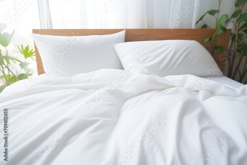 a bed with white sheets and pillows in a room with a plant on the side of the bed and a window behind it.