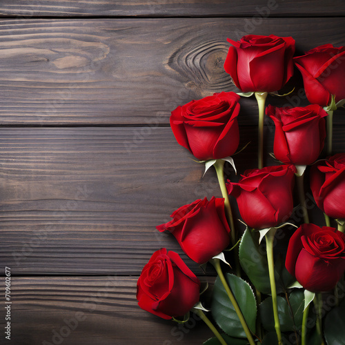 Red roses flowers with red hearts on old wooden background with place for text. Romantic Valentines holidays concept. Valentine's day greeting card. Copy space. Top view. Generative AI