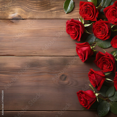 Red roses flowers with red hearts on old wooden background with place for text. Romantic Valentines holidays concept. Valentine's day greeting card. Copy space. Top view. Generative AI