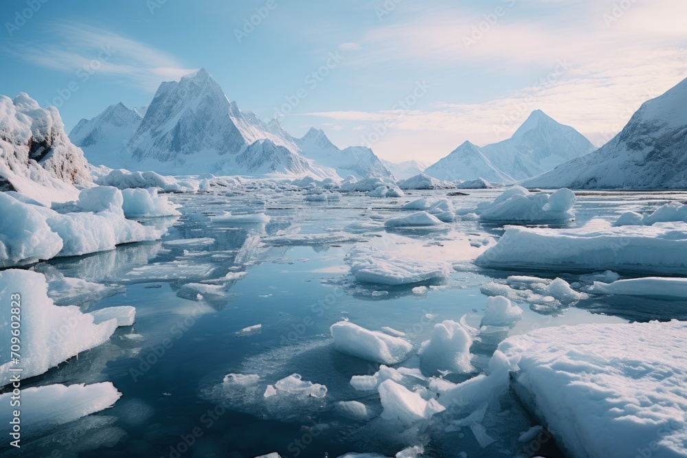  a group of icebergs floating in a body of water with snow on the ground and mountains in the background.