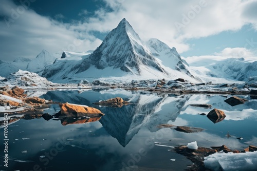  a mountain covered in snow next to a body of water with rocks in the foreground and snow covered mountains in the background.