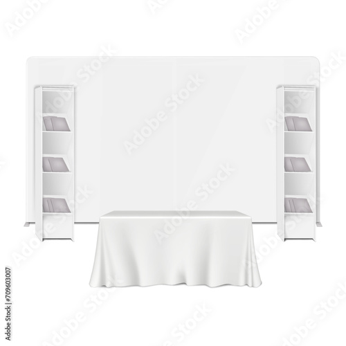 Trade show portable booth display kit vector mock-up. Expo set. Tradeshow backdrop banner, exhibition table with tablecloth, brochure holder vertical rack stands mockup