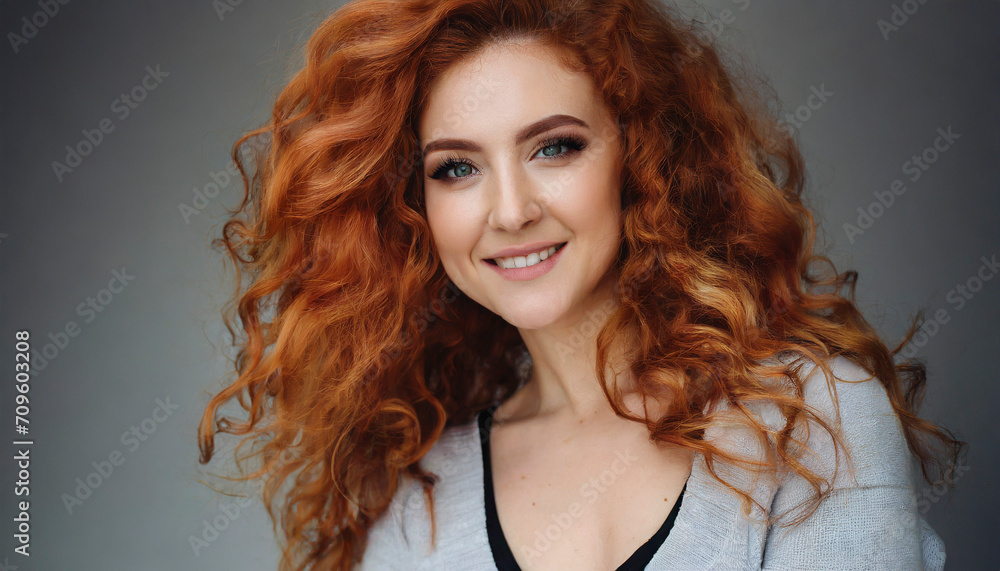 Portrait of an attractive young woman with curly red hair
