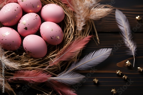  a bunch of pink eggs sitting on top of a wooden table next to a feather and some gold flecks.