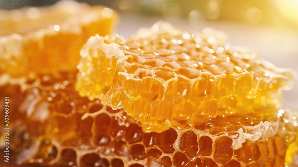 Fresh honeycomb pieces with dripping honey represent natural sweetness and the labor of bees in producing honey Fresh honeycomb pieces with dripping honey represent natural sweetness and the labor of bees in producing honey