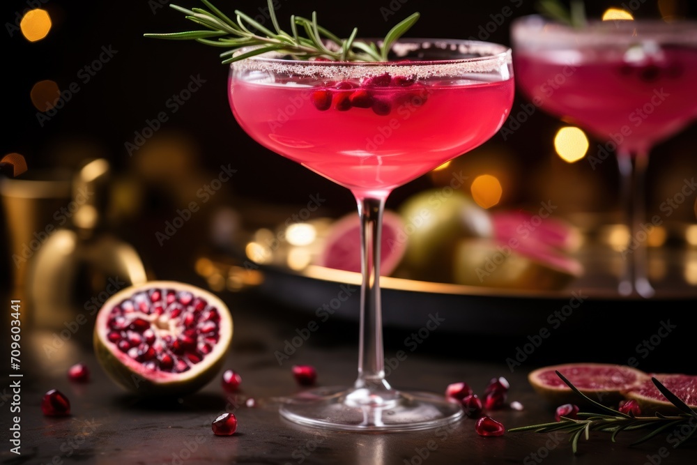 a close up of a drink in a glass with a rosemary garnish and a slice of pomegranate. a close up of a drink in a glass with a rosemary garnish and a slice of pomegranate.