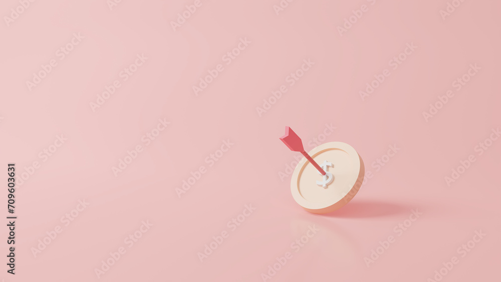 Arrow hit the center of target money coin on pink pastel background. Business finance target concept.3d render success of the arrow bow to the target. Marketing time concept. 3d rendering. Minimal - obrazy, fototapety, plakaty 