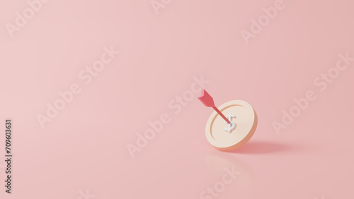 Arrow hit the center of target money coin on pink pastel background. Business finance target concept.3d render success of the arrow bow to the target. Marketing time concept. 3d rendering. Minimal