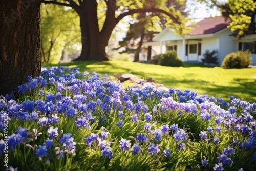  a field of blue flowers in front of a house with a tree in the foreground and a house in the background.