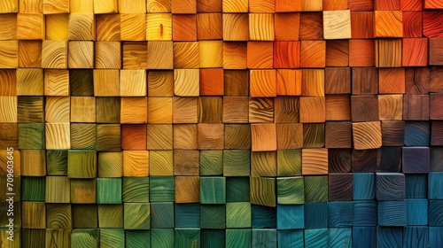 A striking visual of wooden blocks in a spectrum of colors forms an abstract, pixelated wall, suggesting diversity  photo