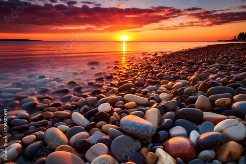  the sun is setting over the ocean with rocks on the shore in the foreground and a body of water in the background.