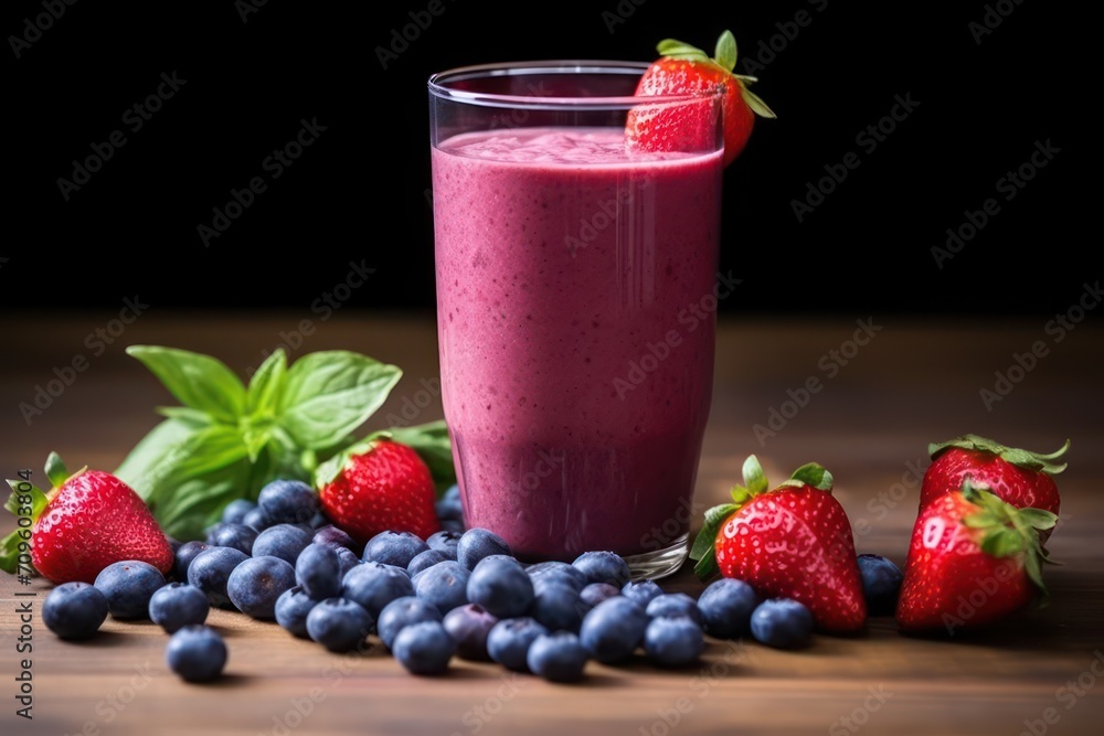 a glass of smoothie with strawberries and blueberries on a wooden table with basil leaves and strawberries. a glass of smoothie with strawberries and blueberries on a wooden table with basil leaves and strawberries.