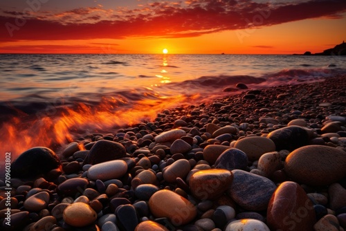  the sun is setting over the ocean with rocks in the foreground and a body of water in the background.
