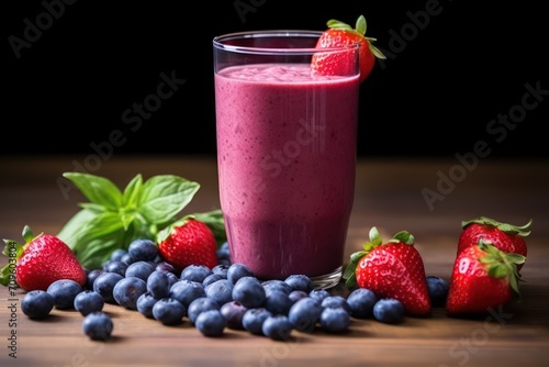  a glass of smoothie with strawberries and blueberries on a wooden table with basil leaves and strawberries.