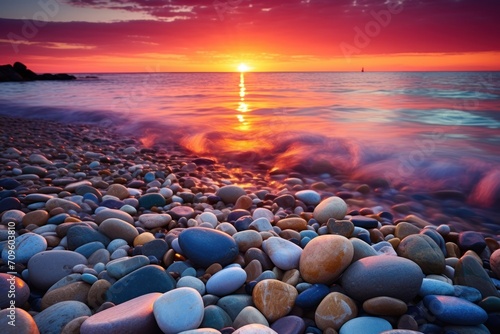  the sun is setting over the ocean with rocks in the foreground and a sailboat in the distance in the distance.