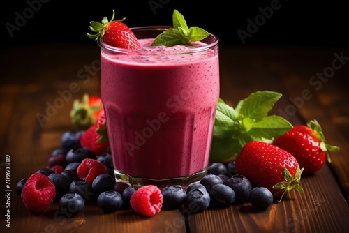  a smoothie with strawberries  blueberries  and raspberries on a wooden table with green leaves.