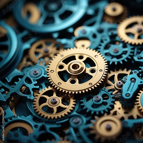  a close up of a bunch of blue and gold gears on a piece of machinery that looks like a clock.