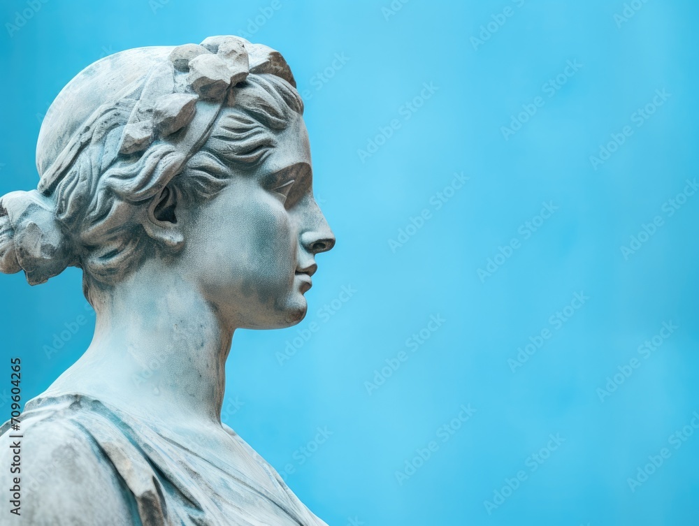Antique goddess Statue for Collage and surreal images in Y2K style. Ancient Greek female Sculpture With cracked clay in profile. Woman with blue pastel background with copy space