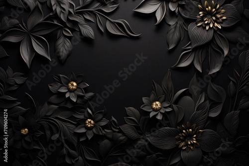  a black and gold floral wallpaper with leaves and flowers on a black background with a place for a text.