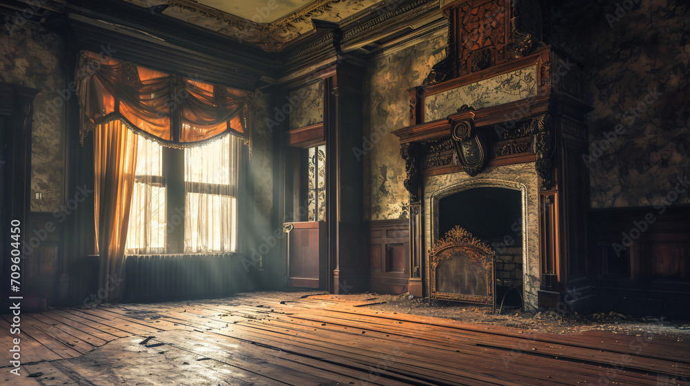 An old abandoned Victorian house interior depicting a negative room concept.