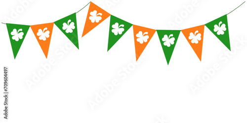 St Patrick Day green bunting pennants with clover symbol, flags garland, Irish holiday, panoramic decorative vector element for greeting card, poster, banner photo