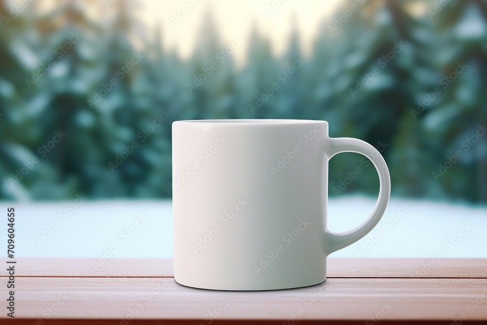 a white coffee mug sitting on top of a wooden table in front of a snow covered forest filled with trees. a white coffee mug sitting on top of a wooden table in front of a snow covered forest filled with trees.