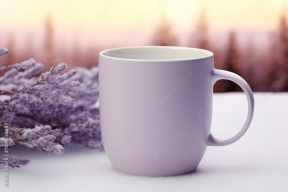 a close up of a coffee cup on a table with a plant in the foreground and a blurry background. a close up of a coffee cup on a table with a plant in the foreground and a blurry background.