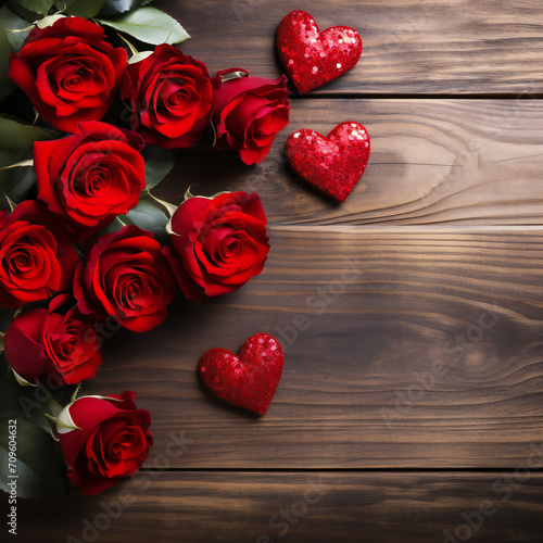 Red roses flowers with red hearts on old wooden background with place for text. Romantic Valentines holidays concept. Valentine's day greeting card. Copy space. Top view. Generative AI