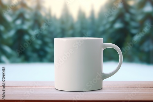  a white coffee mug sitting on top of a wooden table in front of a snow covered forest filled with trees.