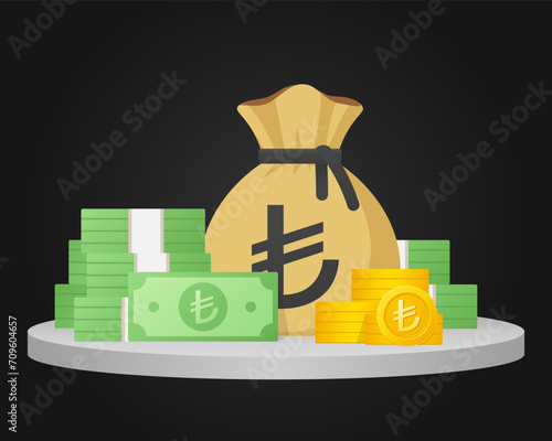 Money bag paper notes and gold coins with Turkish lira sign. Business cash money symbol. Vector illustration isolated on black background.