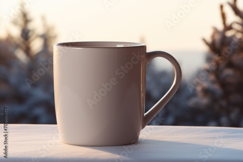  a white coffee cup sitting on top of a table next to a snow covered forest of trees on a sunny day.