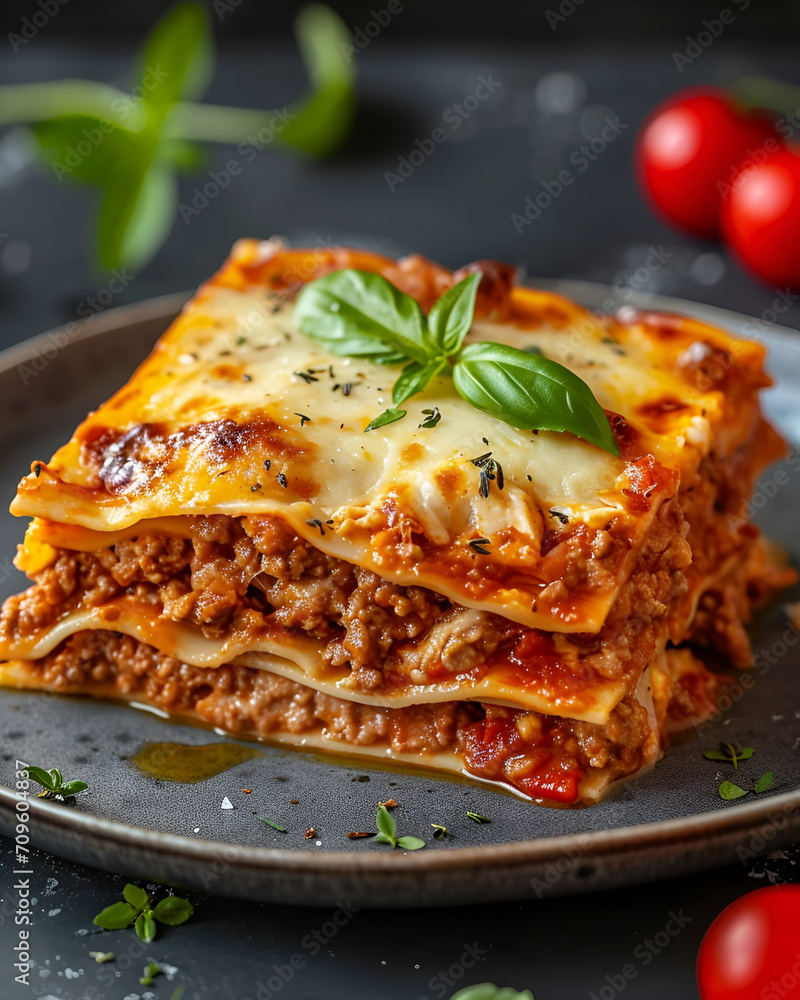 Delicious ultimate meat lasagna on a gray plate with tomatoes around it Delicious ultimate meat lasagna on a gray plate with tomatoes around it