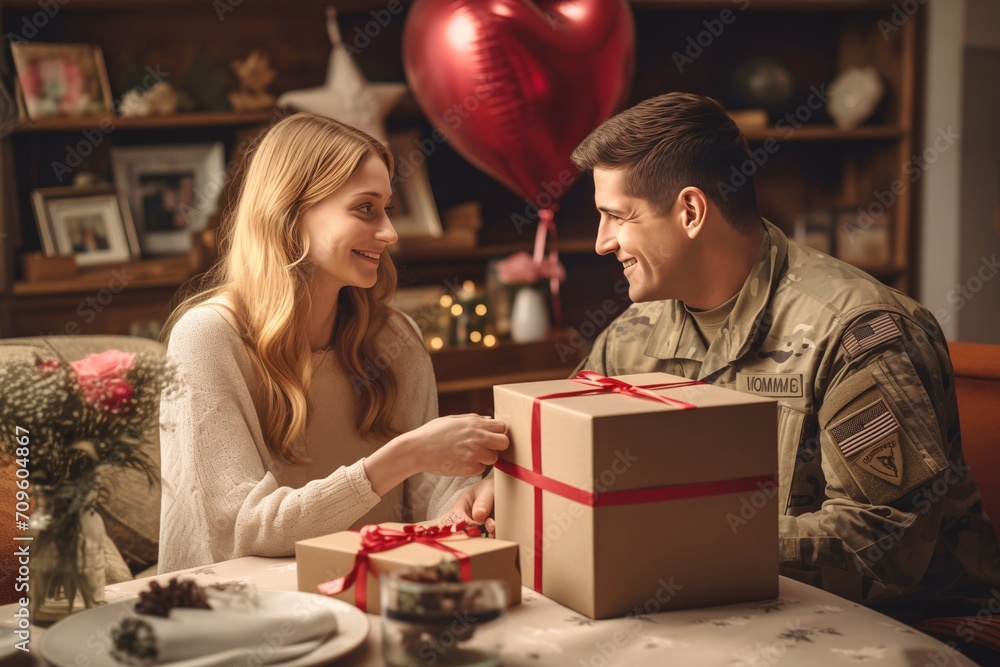 Military spouse arranging special Valentine surprise expressing love and support. Military wife crafted festive gift to extend congratulations, close-up Military spouse arranging special Valentine surprise expressing love and support. Military wife crafted festive gift to extend congratulations, close-up