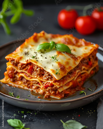 Delicious ultimate meat lasagna on a gray plate with tomatoes around it