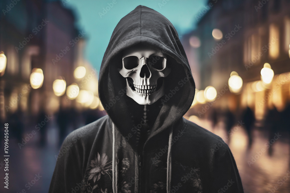 A human skeleton dressed like a hippie with a hood on his head, behind him the night city is blurred.A terrible rainy night. A human skeleton dressed like a hippie with a hood on his head, behind him the night city is blurred.A terrible rainy night.