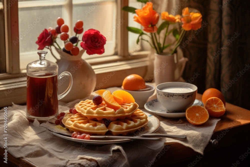 a table topped with a plate of waffles next to a cup of coffee and a vase of flowers. a table topped with a plate of waffles next to a cup of coffee and a vase of flowers.