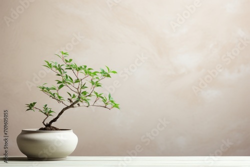  a bonsai tree in a white vase on a white table against a beige wall with clouds in the background.