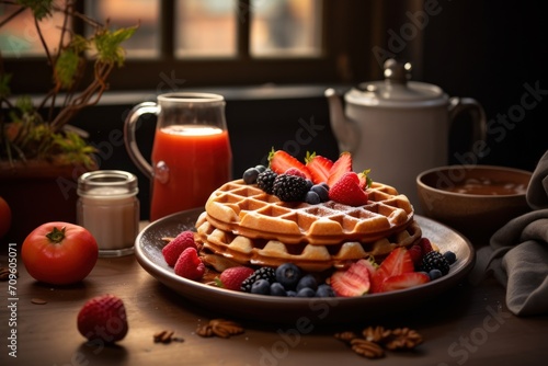  a plate topped with waffles covered in fruit next to a glass of orange juice and a jug of orange juice.