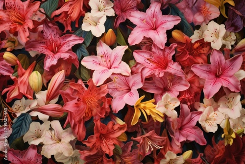  a close up of a bunch of flowers that are red, pink, yellow, and white with green leaves.